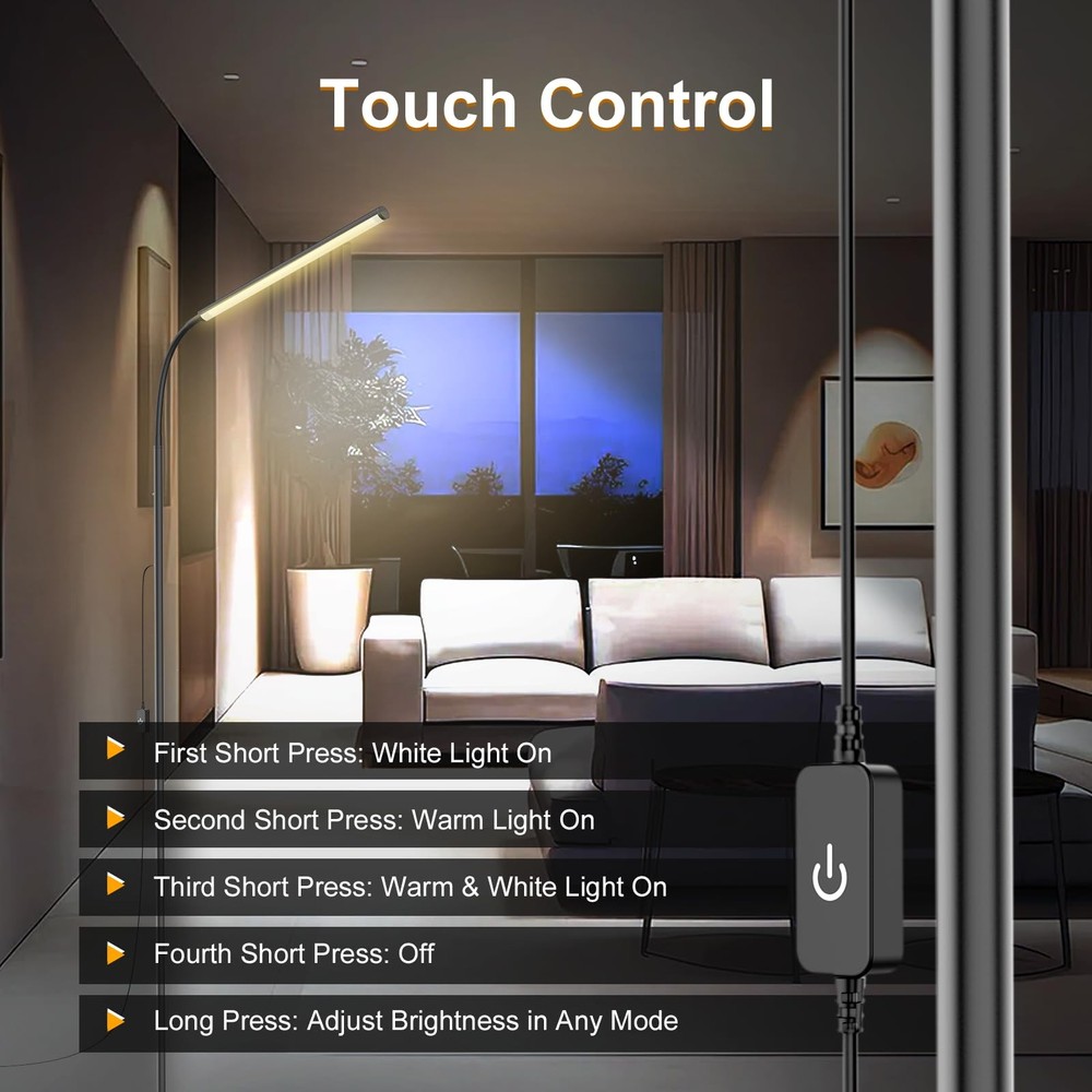WEDEESUN 15W Floor Lamp with Touch Control Adjustable Brightness Black-C