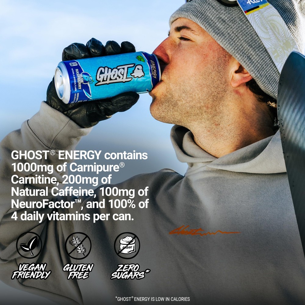 GHOST Energy Drink Blue Raspberry, 16oz Cans (Pack of 12)