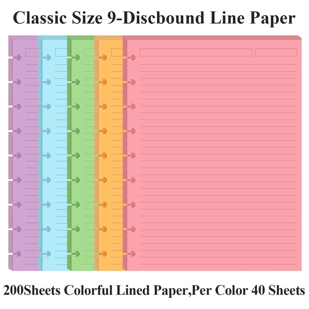 (2-Pack) 9-Disc Discbound 5 Colorful Line Paper Pre-punched 200 Sheets, White