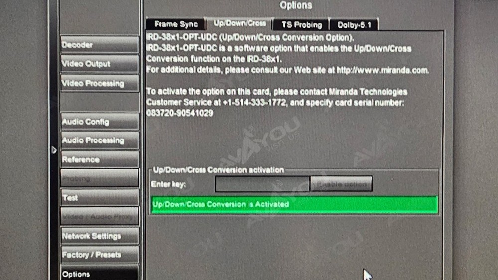 Miranda IRD-3802 MPEG Decoder w/ ASI, GigE IP OPT: FS DOLBY UDC ANA +3DRP