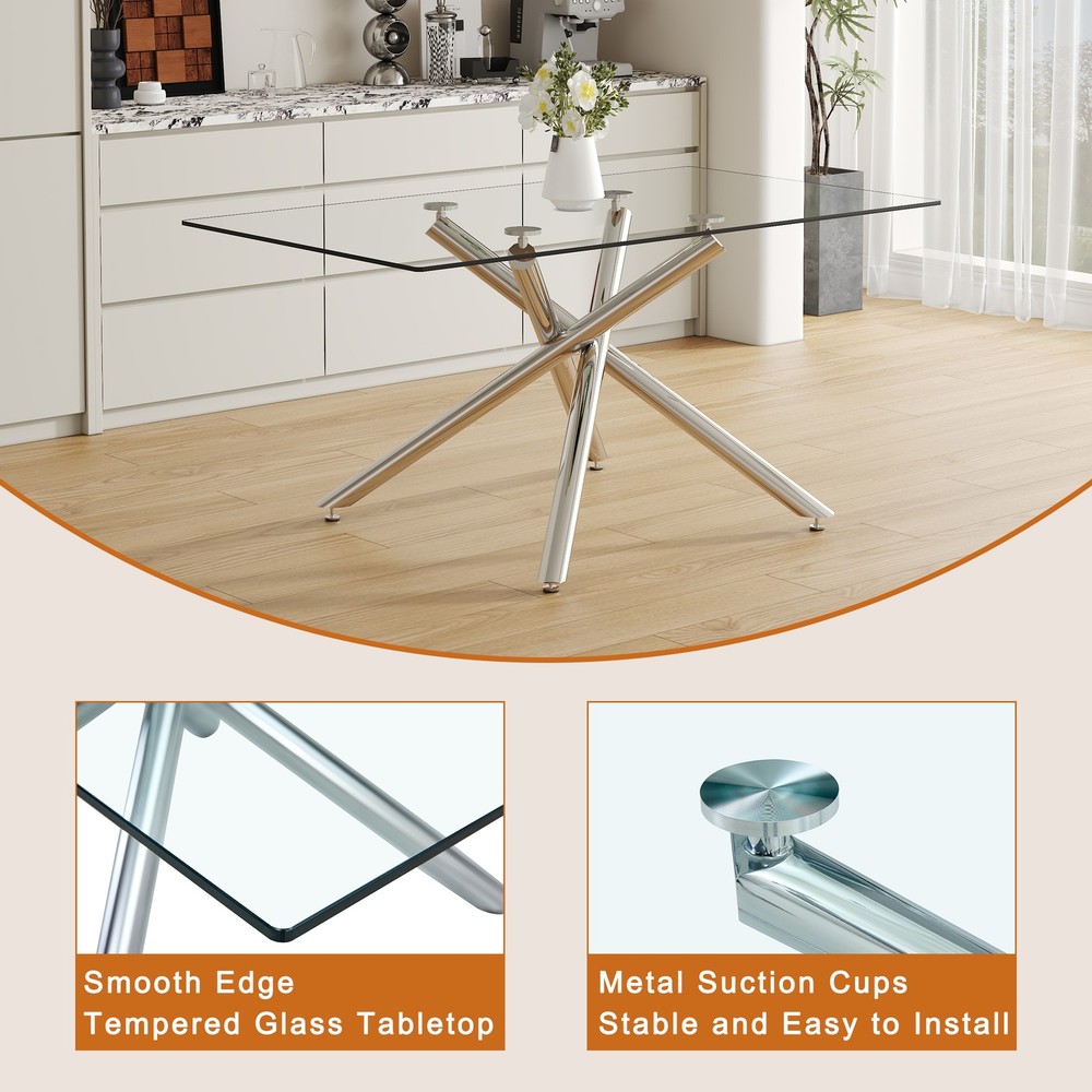 Large Modern Minimalist Rectangular Glass Dining Table with 0.39" Tempered Gla