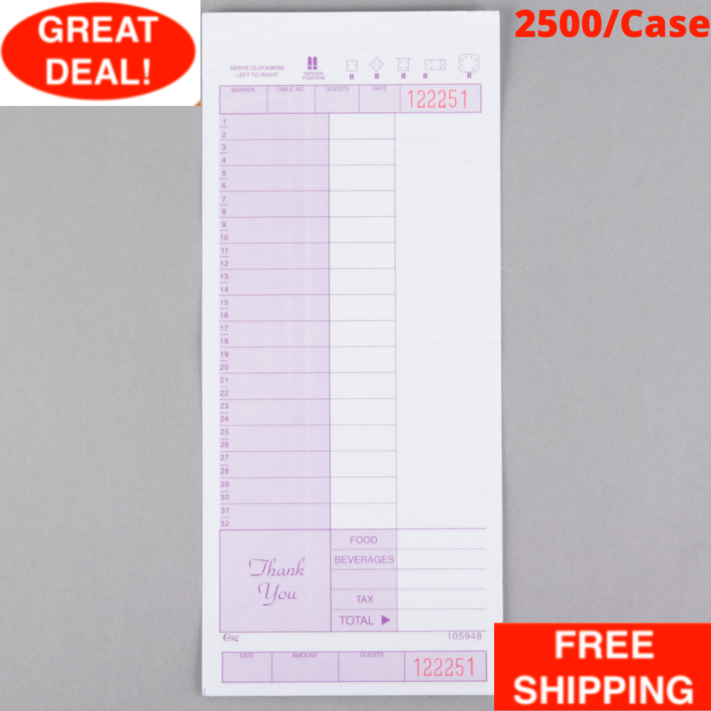 2500 Case 2 Part Carbonless Restaurant Diner Server Guest Order Receipt Check