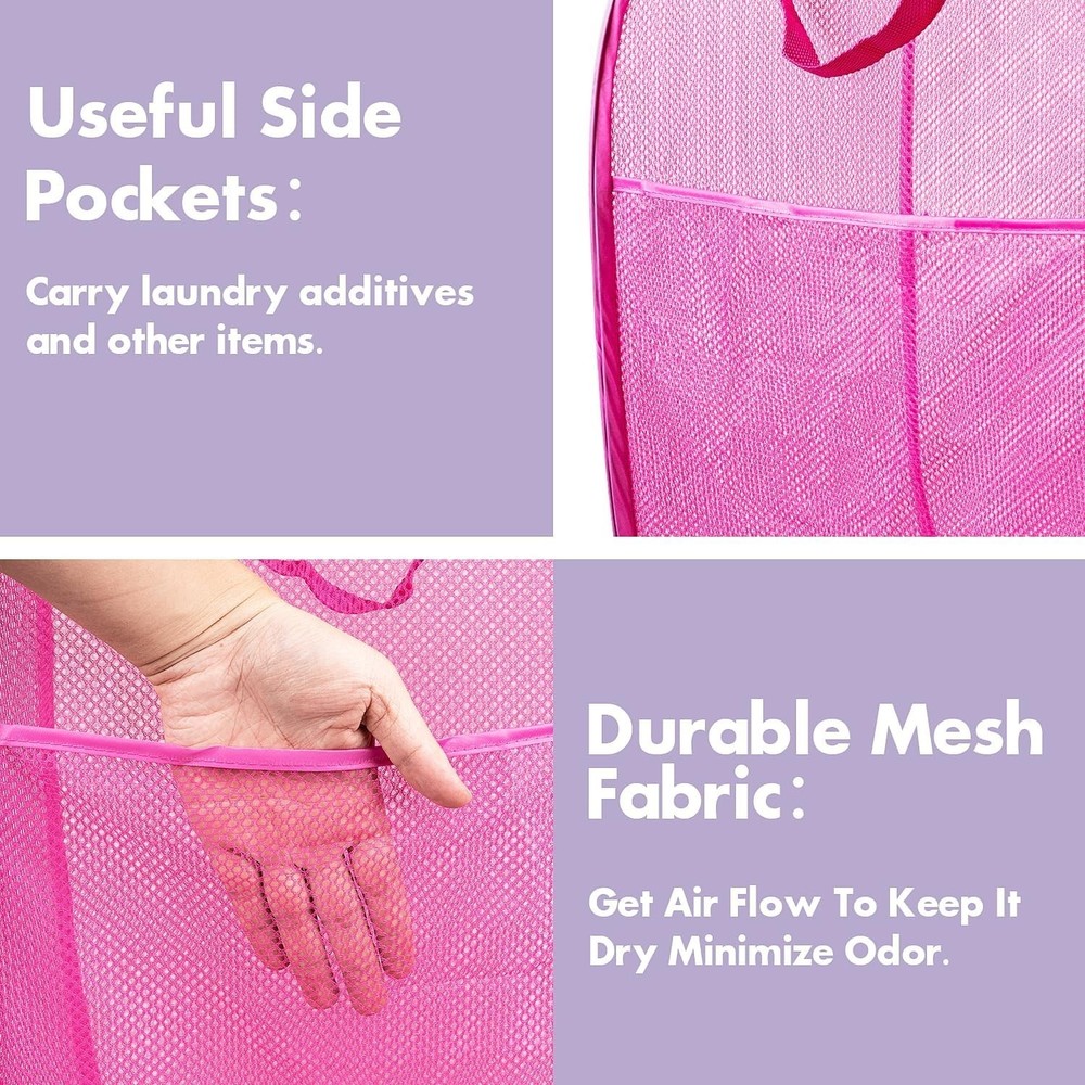 Compact Pink Mesh Laundry Hamper Set - Effortless Organizing for Any Setting