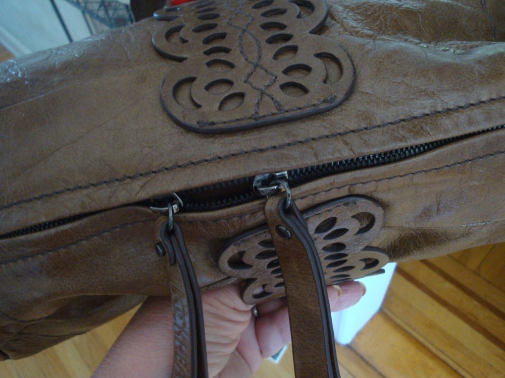 FAB LOCKHEART MOO1964 SOLID BROWN TOOLED LEATHER SHOULDER TOP HANDLE SATCHEL