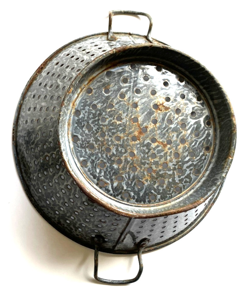 Antique Granite Ware Gray Enamelware Colander Primitive Farm Kitchen Strainer