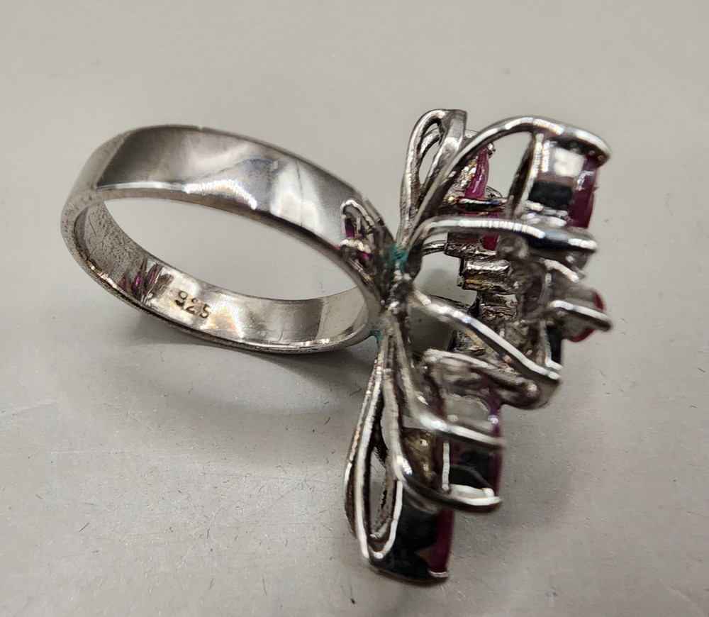 Vtg Sterling Silver 925 Simulated Ruby Spray Cocktail Ring - Multiple Sizes