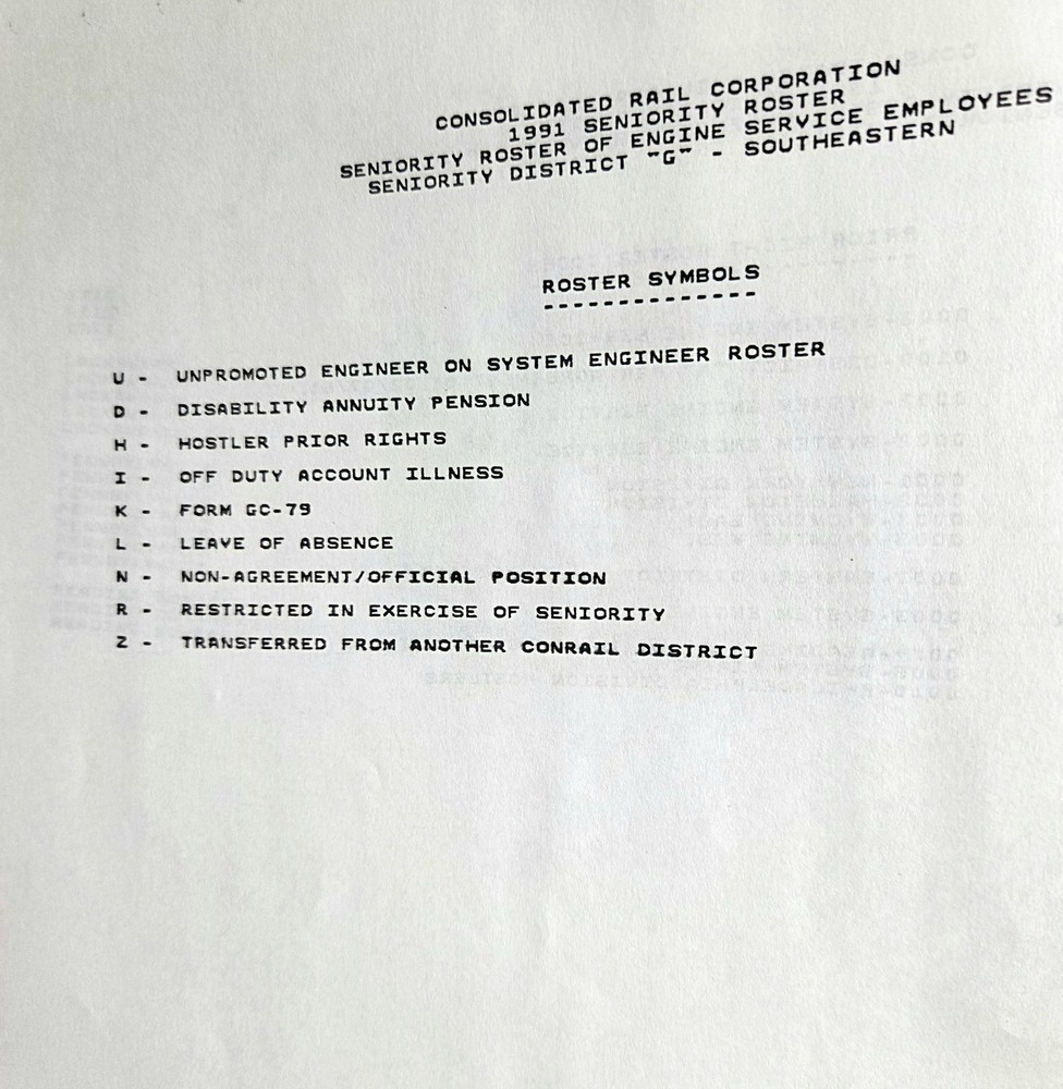 1991 Conrail Engineers Seniority Roster District "G"
