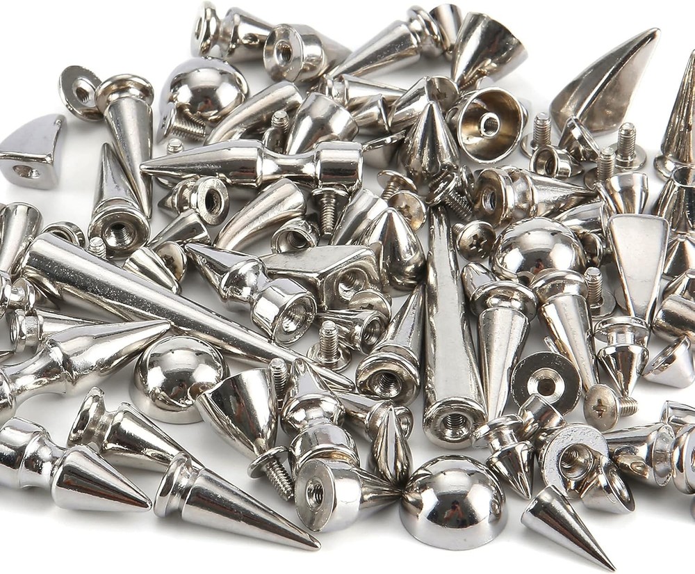 80 Sets Mixed Shape Spikes and Studs Assorted Sizes Silver Color Screw Back B...