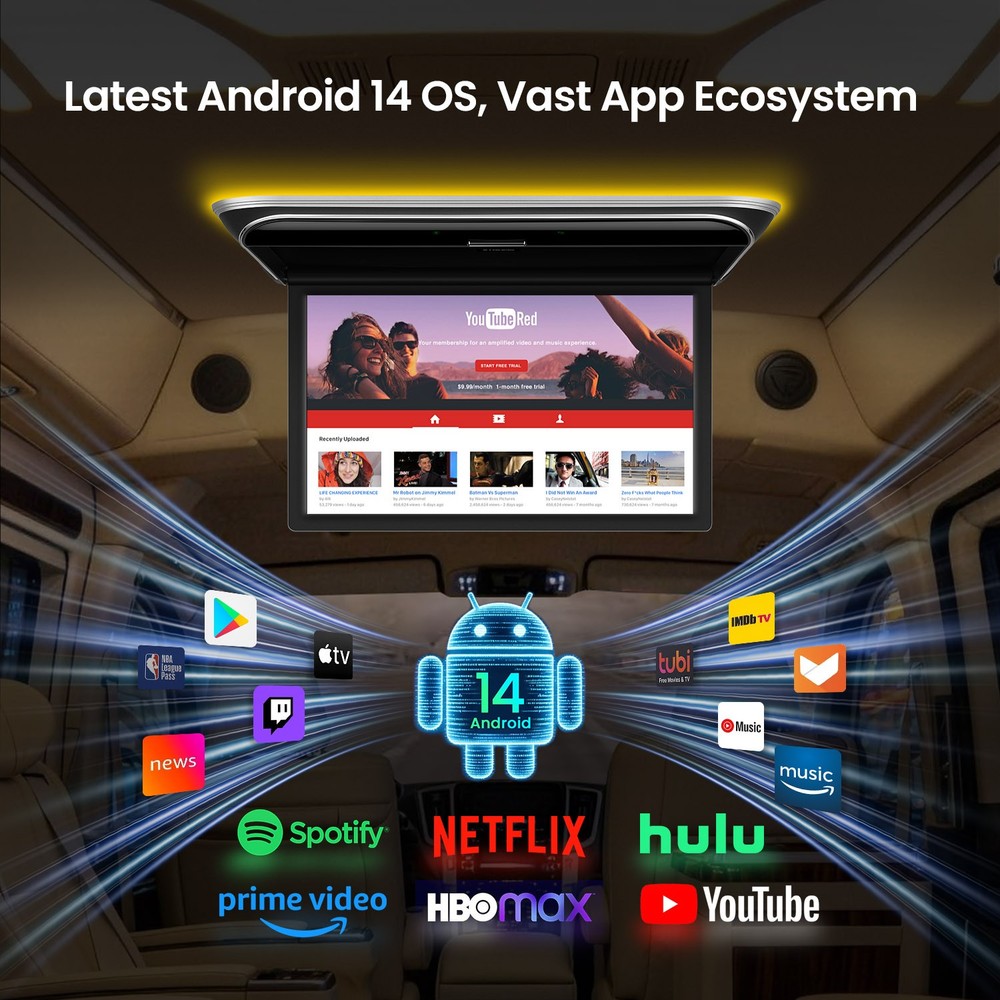 17.3" Car Ceiling Mount TV Android 14 Flip Down Screen 4K Octa Core HDMI WiFi