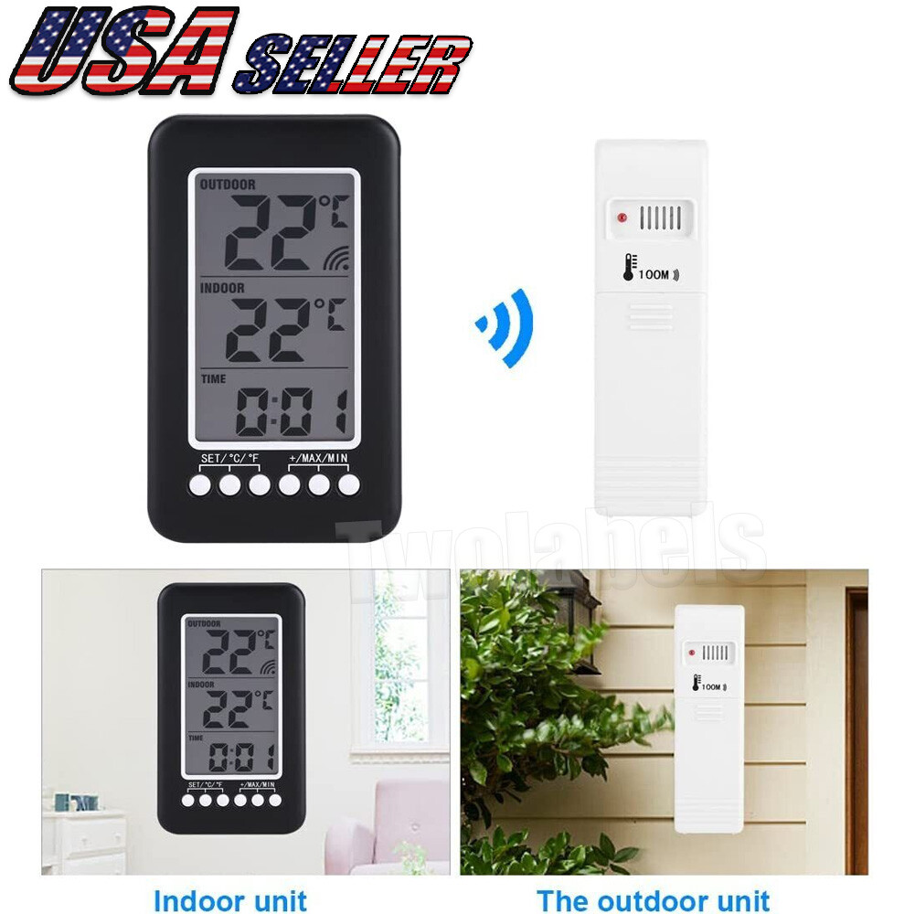 Wireless Digital Thermometer Indoor Outdoor LCD Clock Temperature Transmitter US