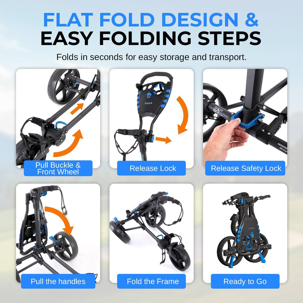 Golf Push Pull Cart – Lightweight, Foldable, Bag Holder with Adjustable Handle,