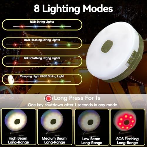 40FT Solar Camping String Lights, Rechargeable String Lights with 8 39.4FT