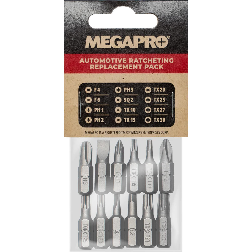 Megapro Replacement Bit Set, Automotive Ratcheting, 12 Single-Ended Bits
