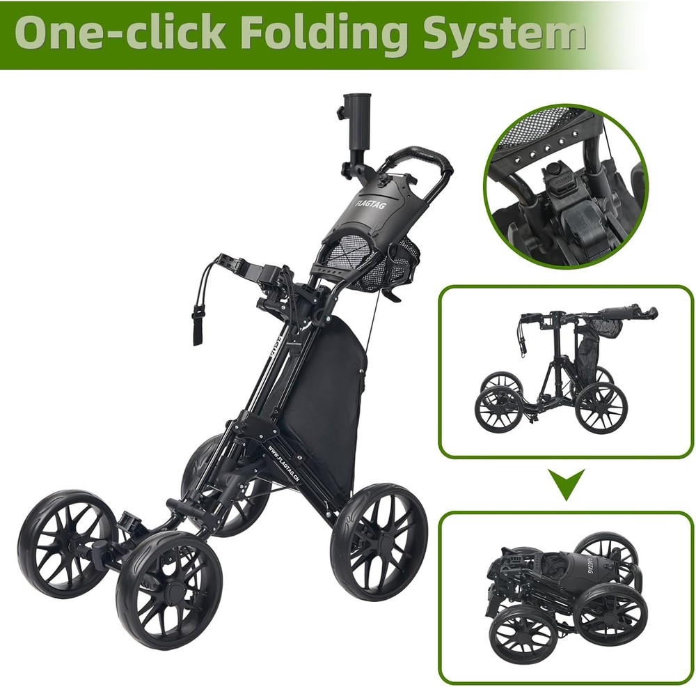 Premium Golf Folding Push Cart 4 Wheel - Cooler Cup Holder Adjustable Handle