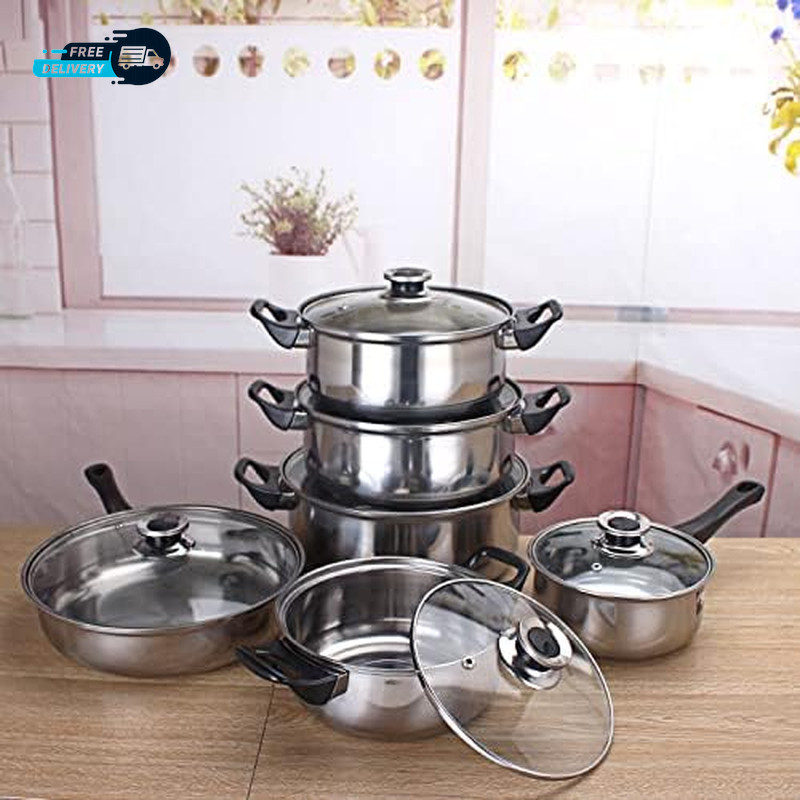 12 Piece Stainless Steel Cookware Set, Silver