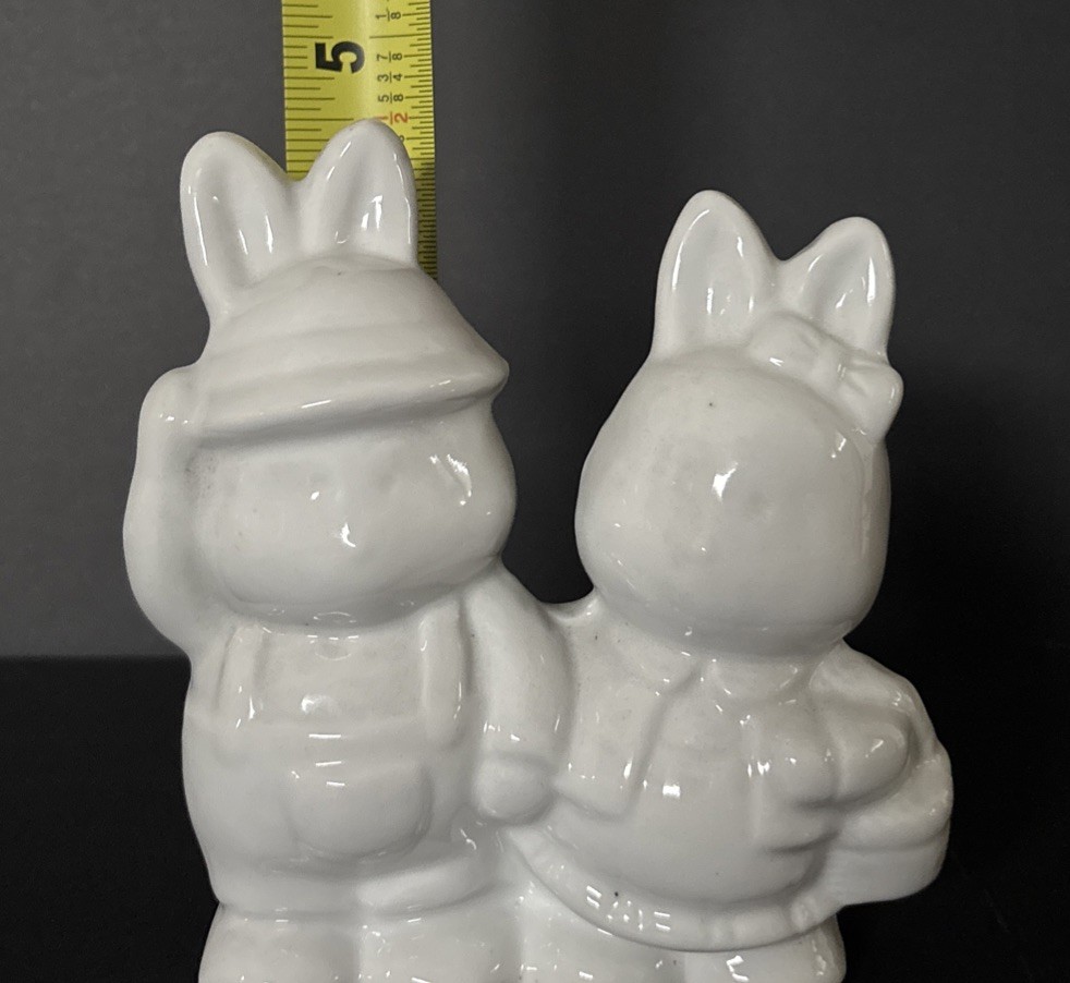 Conjoined Solid White Farmer Boy & Girl Bunny Rabbits. Easter Decor.pre-owned.