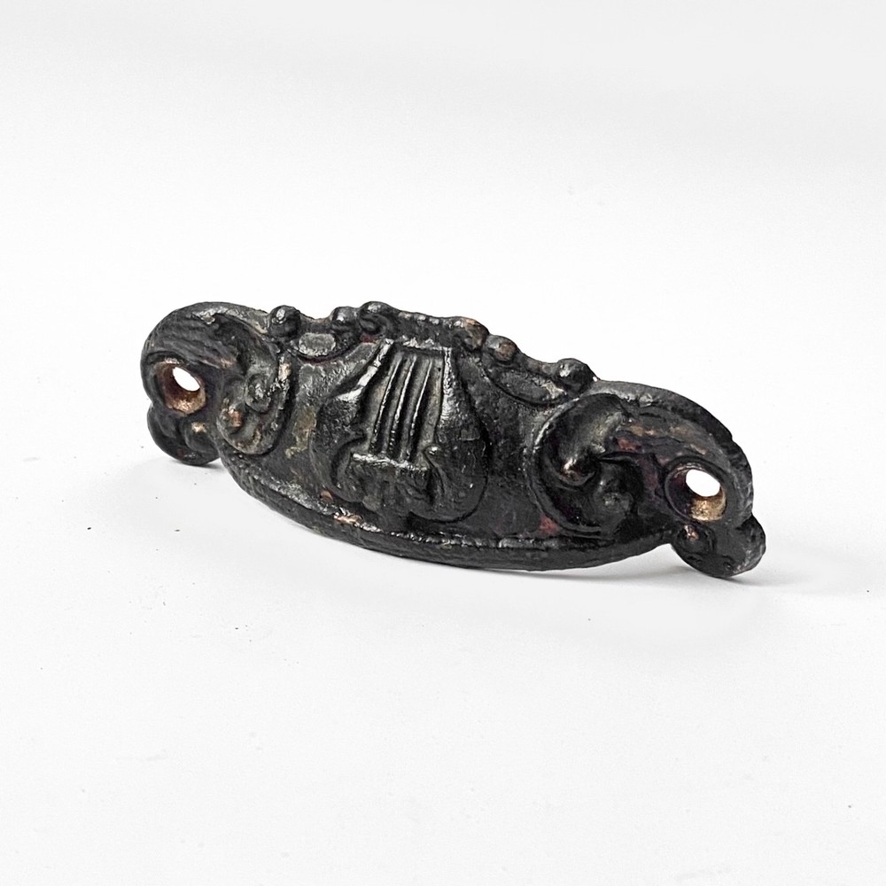 Two 4.25" Cast Iron Drawer Bin Pulls Lyre Scrolls Sargent & Co. NY CT c1870s+