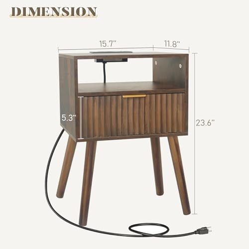 Mid Cetury Modern Nightstand with Charging Rustic Brown With Charging Station