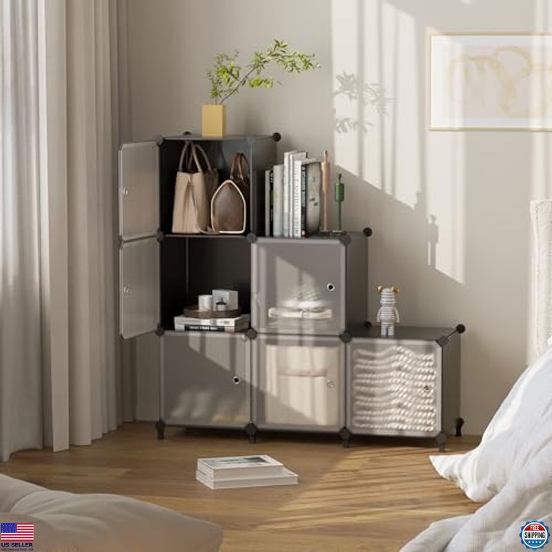 ATTSL6001 Black 6-Cube Storage Organizer - Stackable Plastic Shelves with Doors