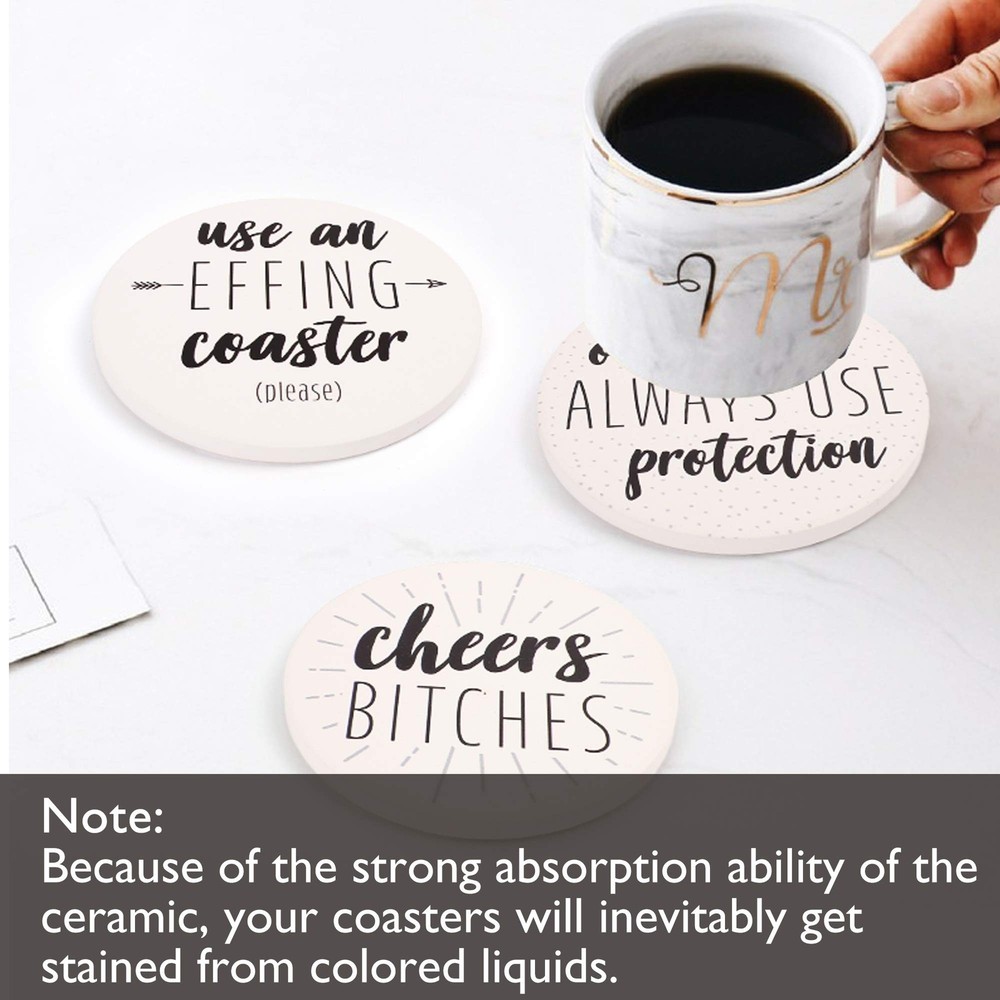 LotFancy Funny Drinks Coasters with Holder, 6PCS Ceramic with Cork Base, Roun...