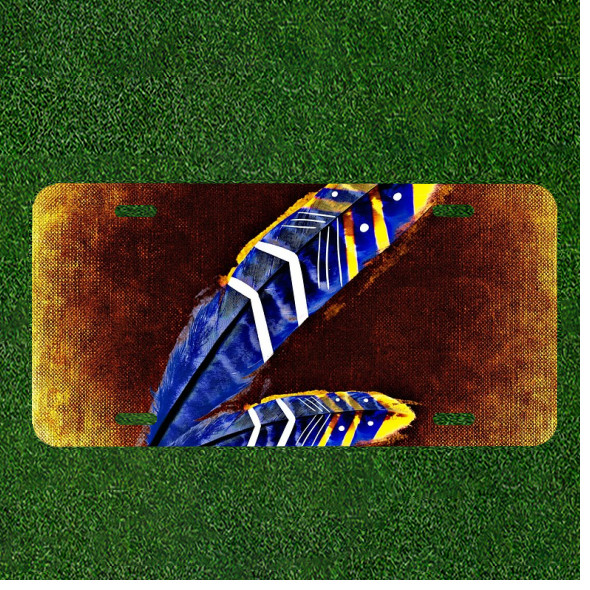 Custom Personalized License Plate Auto Tag With Stunning Blue Feathers Design