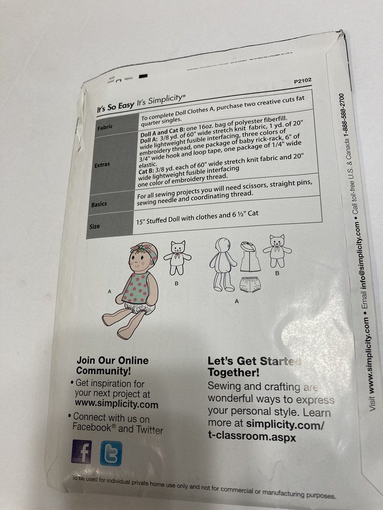 simplicity easy create it yourself pattern P2102 stuffed toy doll & kitty