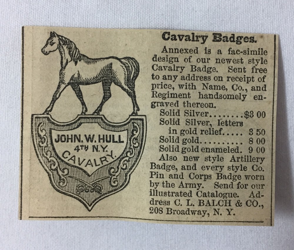 small 1864 newspaper ad ~ UNION CAVALRY BADGES