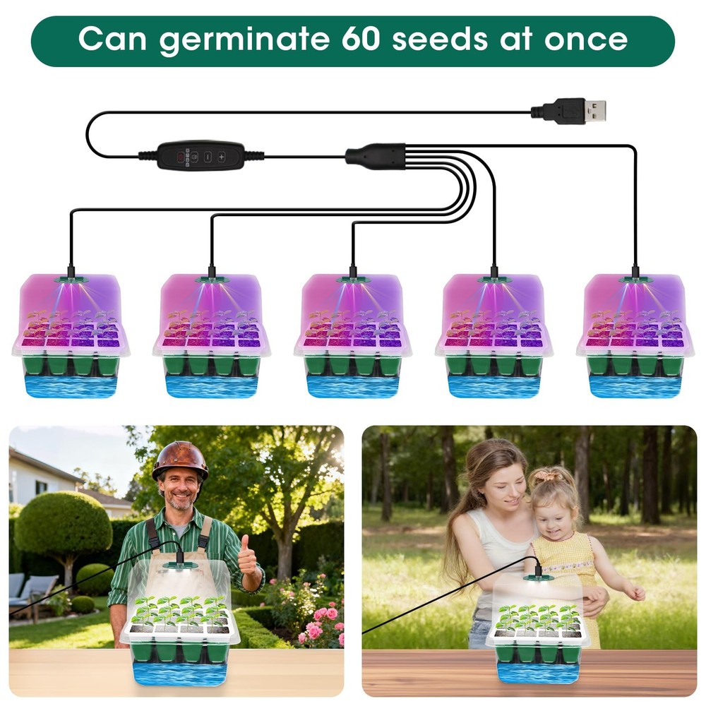 60-Cell Self Watering Seed Starter Tray with Grow Light, 5-Pack Reusable Seed...