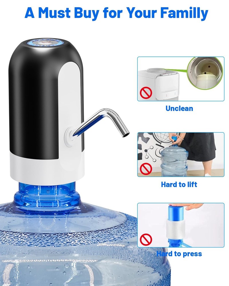 Electric Water Dispenser Pump USB Rechargeable for 3-5 Gallon Bottles Black