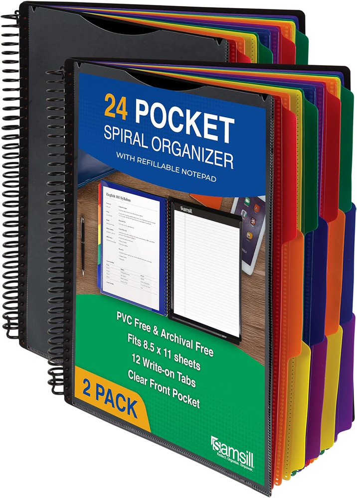 2 Pack Deluxe 24 Pocket Spiral Project Organizer with Refillable Notepad, Custom