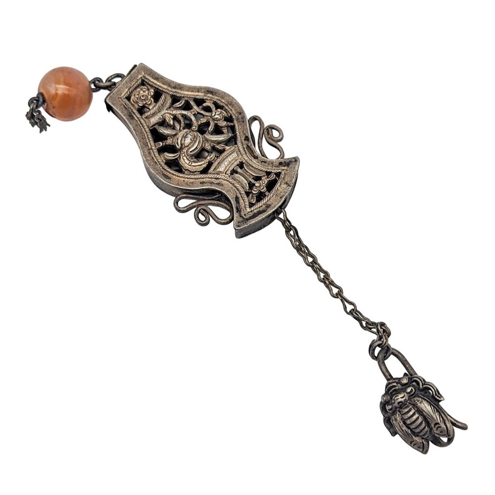 Antique Chinese Export Silver Needle Case Agate Bead Cicada Clip Openwork Vase