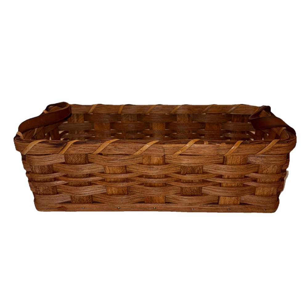 Amish Handmade 12" Bread Desk Basket W/ Leather Handles Solid Oak Bottom Signed