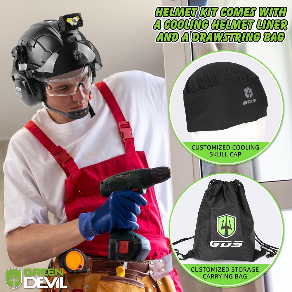 GREEN DEVIL Hard Hat Safety Helmet with Rechargeable Headlamp Light and Visor...