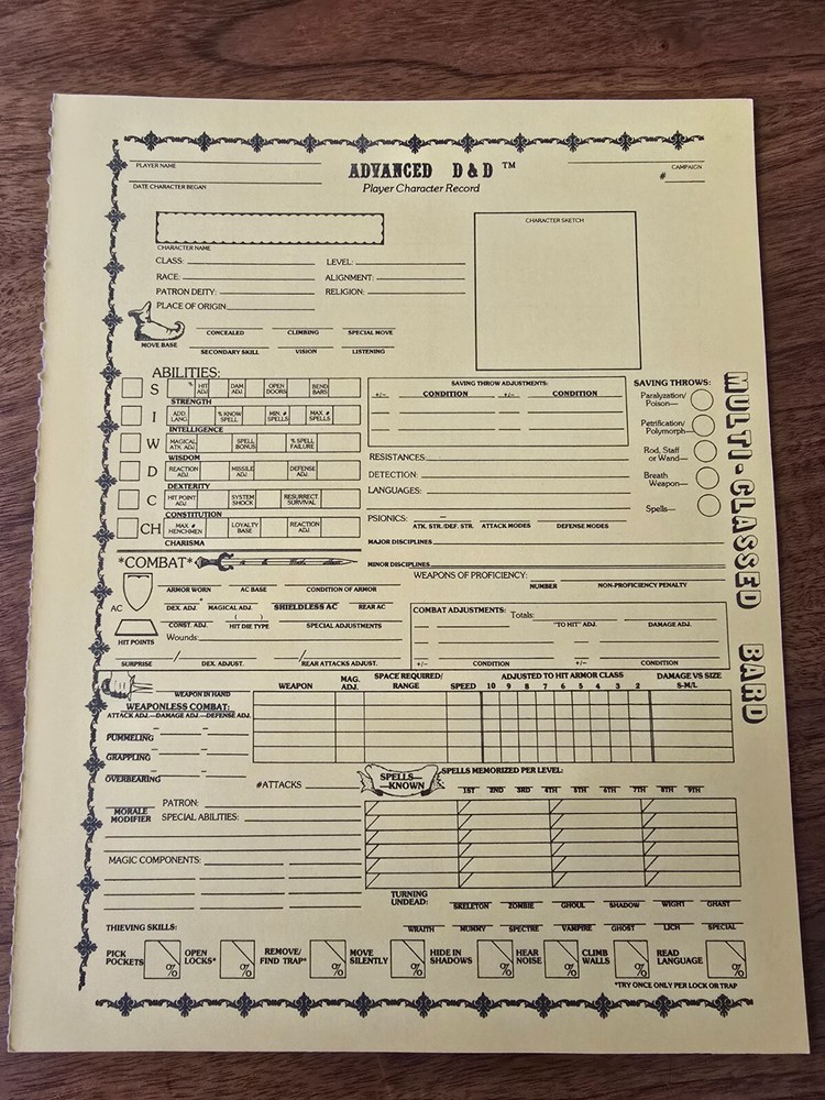 AD&D REF2 Player Character Record Sheet Singles Multi-Class/Bard TSR