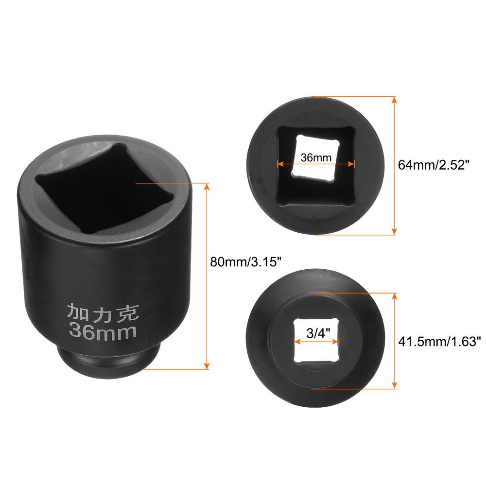 4 Point Square Socket 3/4" Drive 36mm Metric 40CR Square Impact Wheel Socket