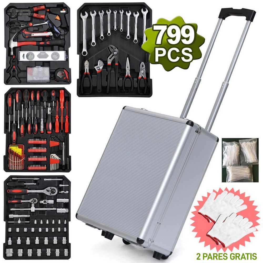 799pc Aluminum Trolley Case Tool Set, Silver, Comprehensive Portable Tool Kit