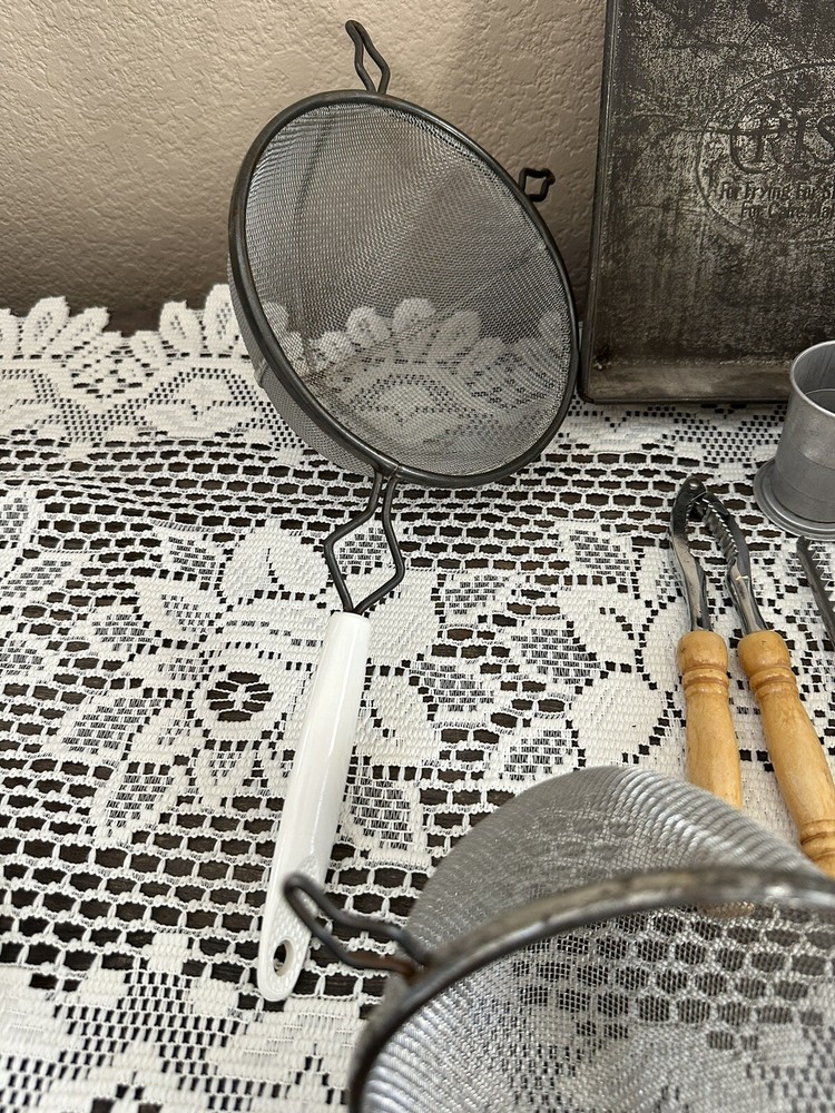 VINTAGE KITCHEN TOOLS Crisco Pan, Strainers, Sifter, Ice Cream Scoop Nutcracker