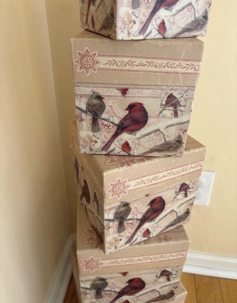 vintage stackable Bobs Boxes, Winters tapestry/Cardinal birds 3 Boxes