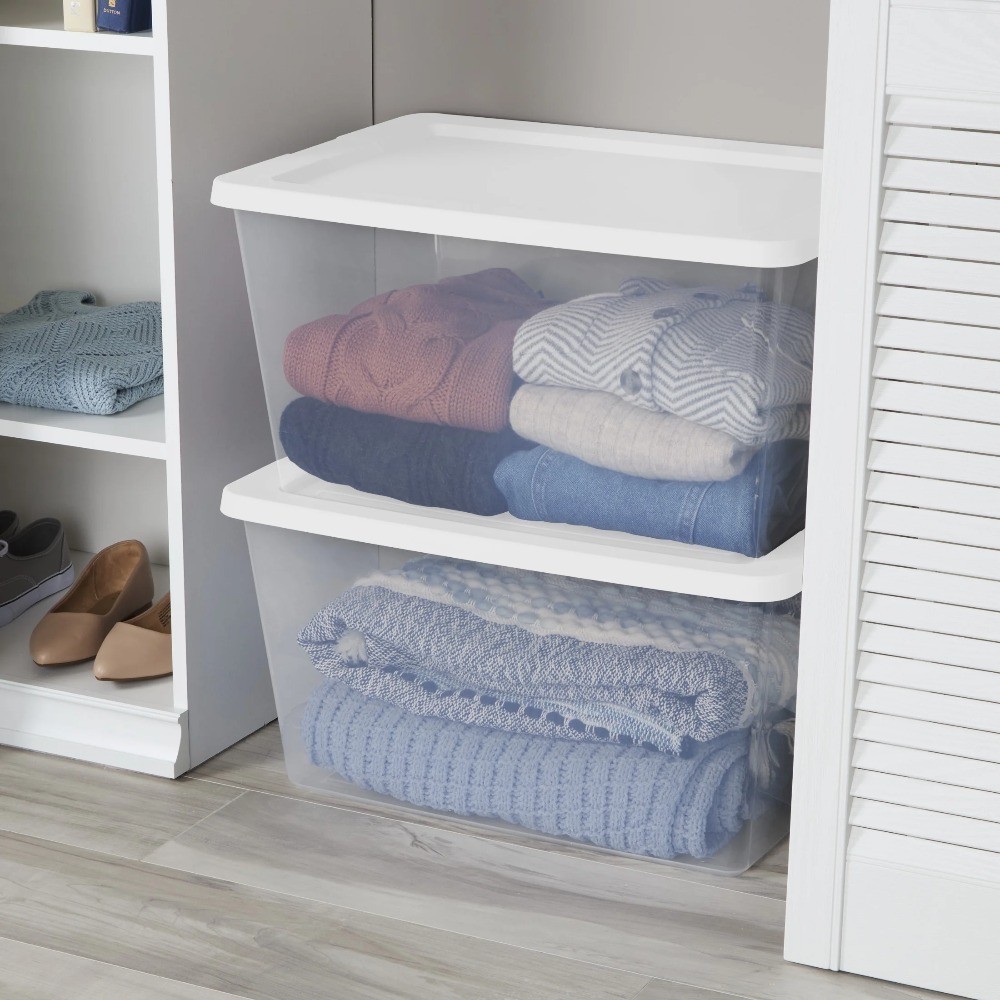 58 Quart Clear Plastic Storage Bin with Snap-On White Lid 2-Pack