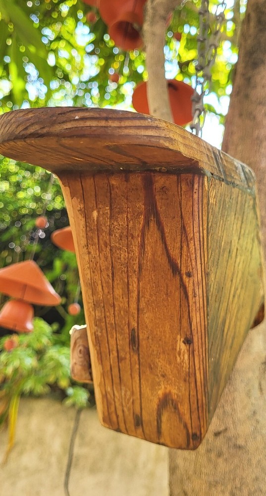 Vintage Triangular Hanging Birdhouse In Solid Oak, Heart Shaped Entry, Good Cond
