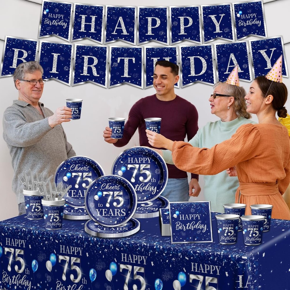 142 Pcs 75th Birthday Tableware Set Decorations Sliver and Blue