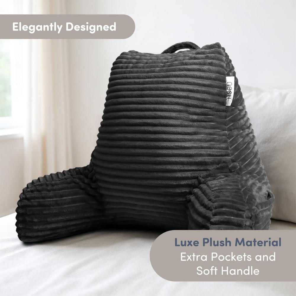 Luxe Plush Reading Pillow, Shredded Foam Back Support for Bed, Black