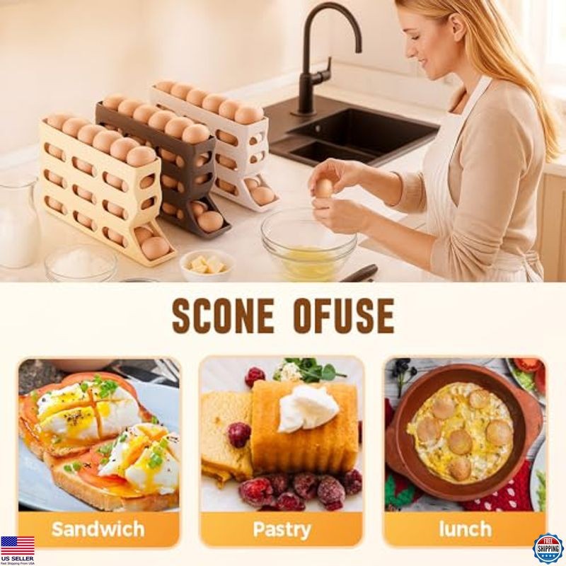 4-Tier Automatic Rolling Egg Holder - White Organizer for 30 Eggs - Kitchen