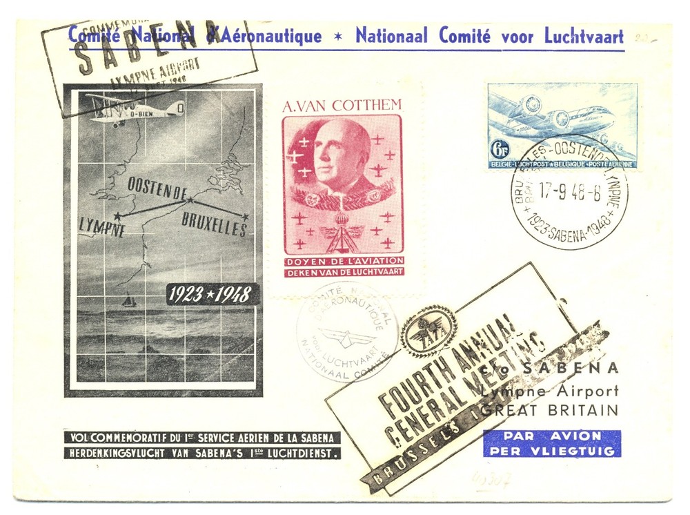 BELGIUM -1948 SPEC FLIGHT CV - OSTENDE-LYMPNE -- -SPEC LABEL