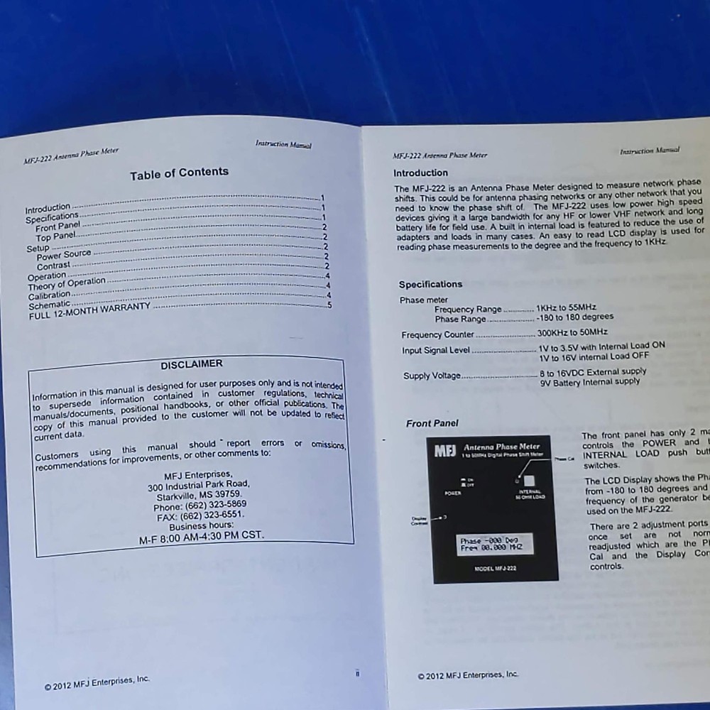 MFJ-222 Antenna Phase Meter Manual