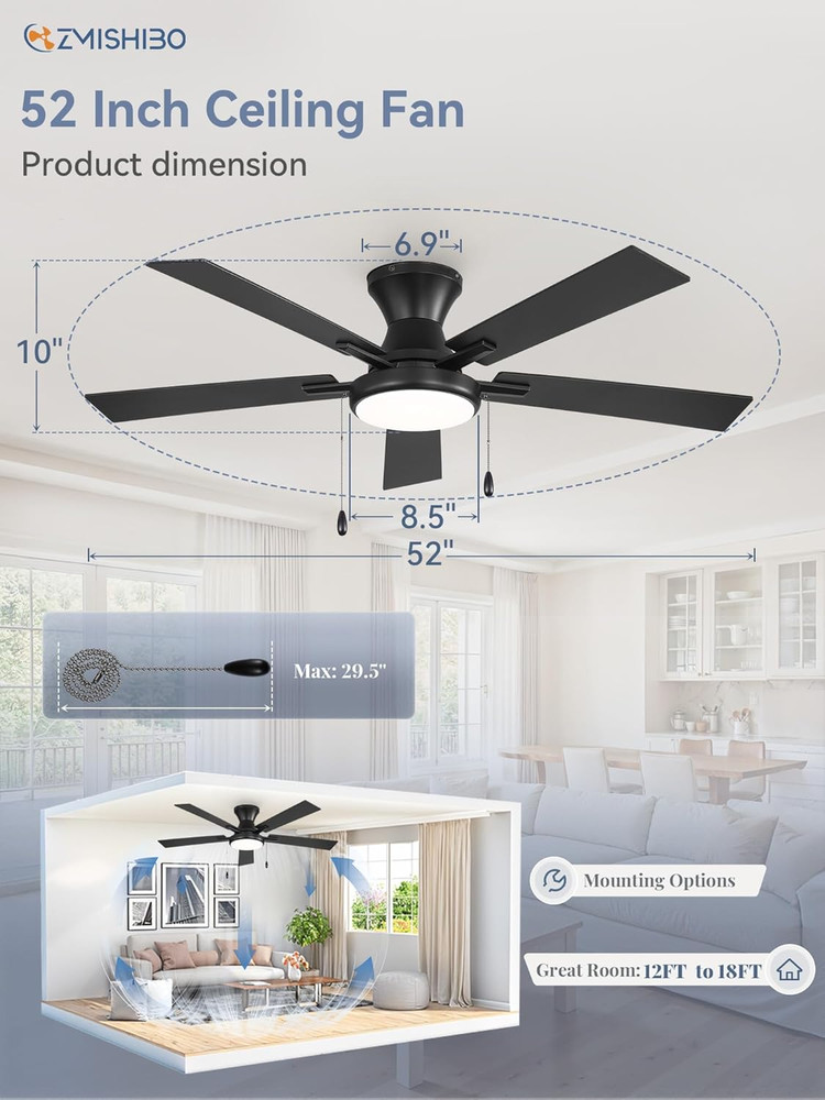 52" Black Ceiling Fan with Remote, Dimmable Lights, Quiet Operation