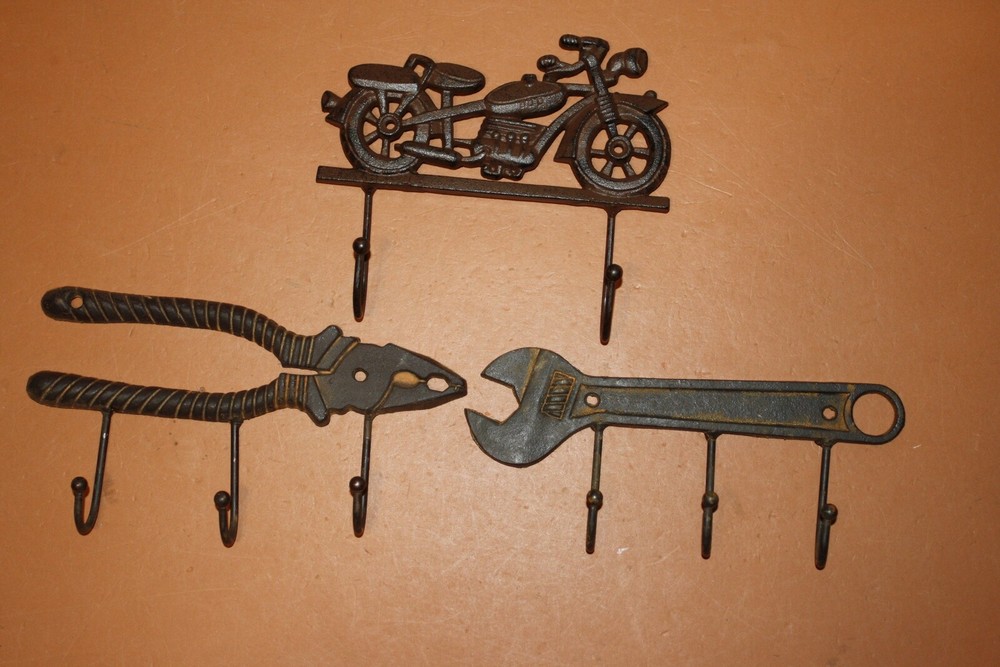(3) Motorcycle Gift for Dad Cast Iron Wall Hooks Set, Rustic Tools ~ High Rider