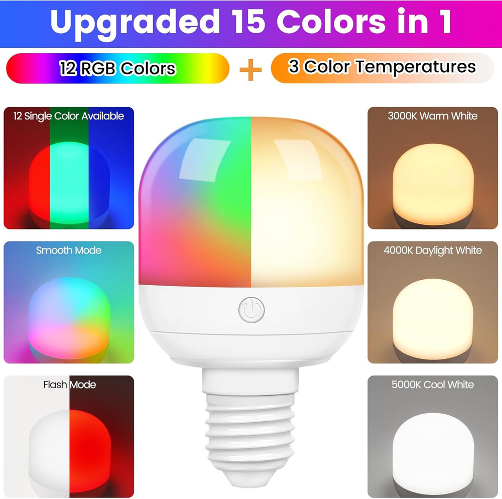 2-Pack Rechargeable Battery Operated Light Bulb with Remote Control, E26 Battery