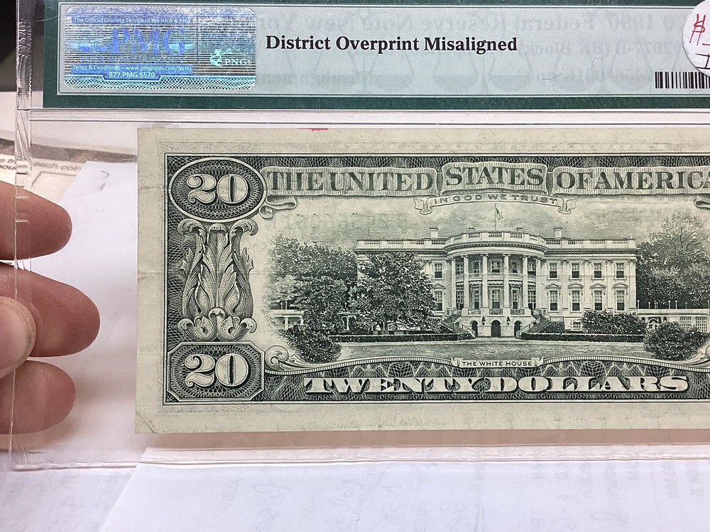 $20 1990 PMG 35 Misalignment Error District Overprint Fr#2077-B