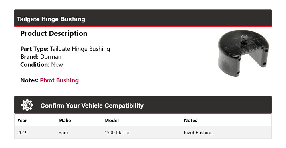 For 2019 Ram 1500 Classic Dorman Tailgate Hinge Bushing